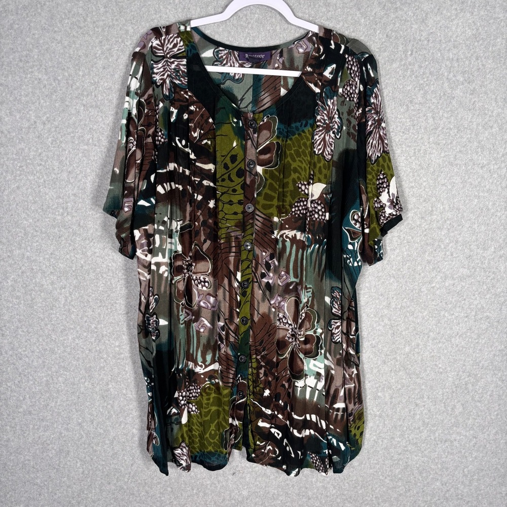 Roamans Button Up Blouse 20W Green Burgundy Floral Abstract Pintuck Dark